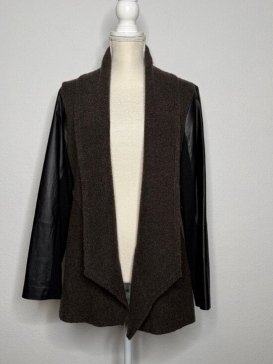 Eileen Fisher Sweaters - Eileen Fisher Peat Wool Leather Cardigan Jacket Black Brown NWT Size LP